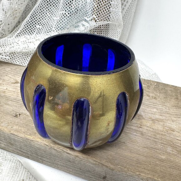 Vintage Brass & Cobalt Blue Glass Bowl India-Made 3" x 3" Decorative Accent Piec - Picture 6 of 6